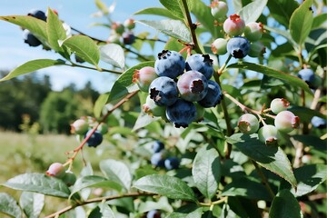 Blueberries growing on a bush with green leaves in a summer garden
