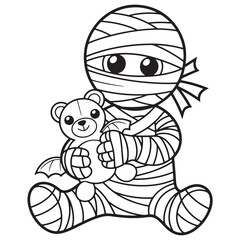 Mummy with Teddy Coloring Page – Cute Halloween Mummy Child Holding Stuffed Animal

