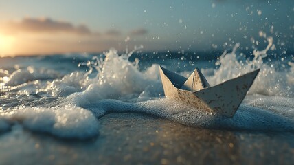 Fototapeta premium A lone paper boat floats precariously in the ocean waves at sunrise water