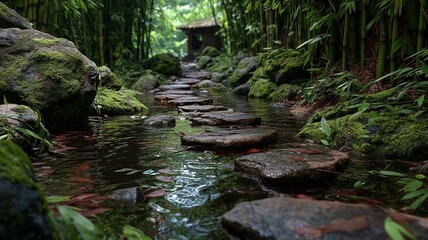 Obraz premium Stone pathway across a tranquil stream surrounded by lush bamboo and moss covered rocks