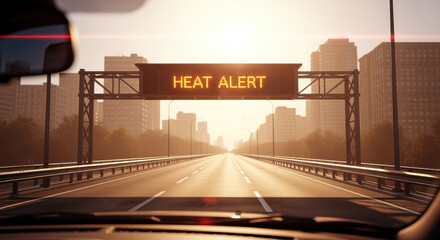 Extreme heat warning on highway digital sign during sunny day in urban setting