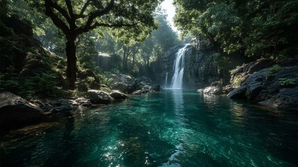 Fototapeta premium Serene forest waterfall with clear turquoise water and lush green foliage