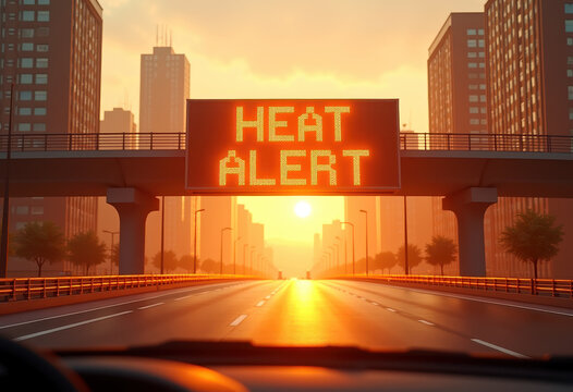 Urban heat alert at sunset on empty highway amid skyscrapers