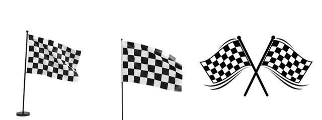Three checkered flags signal the end of a race. The flags are black and white, and are waving. 