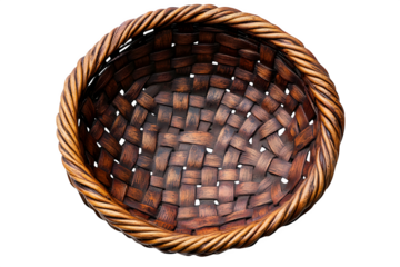 Empty fruit wicker brown basket bowl isolated over white background, top view above foreshortening isolated on white background
