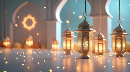 Obraz premium Golden Ramadan Lanterns Glowing in Mosque Interior with Sparkling Lights – Peaceful Islamic Festive Background – AI-Generated