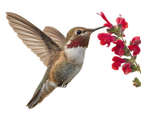 Fototapeta premium Hummingbird feeding on bright red flower garden wildlife nature isolated on transparent background