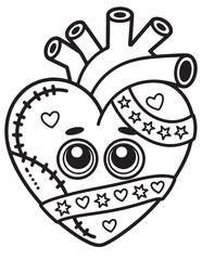 Halloween Steampunk Heart Coloring Page – Heart with Gears, Bolts, and Stitches

