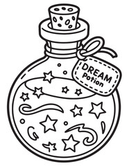 Dream Potion Bottle Coloring Page – Cute Halloween Spell Bottle with Stars and Hearts

