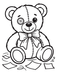 Spooky Teddy Bear Coloring Page – Cute Bear with Button Eye and Stitches – Halloween Stuffed Animal Art

