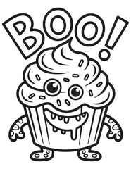 Halloween Cupcake Coloring Page – Cute Cupcake with Ghost Face and BOO Sign – Fun Spooky Treat for Kids

