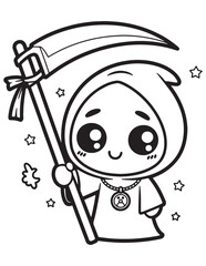 Happy Grim Reaper Coloring Page – Cute Halloween Reaper with Scythe – Fun Line Drawing for Kids

