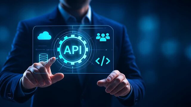 A businessman interacts with a glowing digital panel displaying api icons, showcasing a sleek, hightech api programming environment