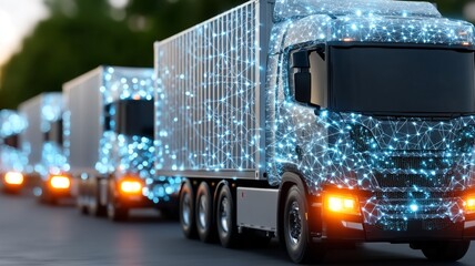Modern autonomous trucks adorned with glowing digital network patterns on a street