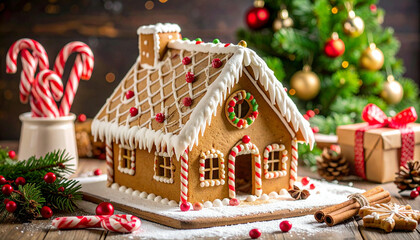 Fototapeta premium An enchanting, snow-dusted gingerbread house, adorned with colorful candies and icing, is presented with a warm and festive out-of-focus Christmas background