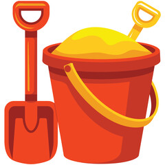 Bright orange sand bucket and shovel with yellow sand