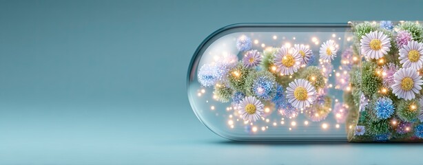 Probiotic Capsule Closeup A glass capsule filled with vibrant flowers and soft glowing lights, representing nature's beauty. Probiotic Capsule Closeup Probiotic Pill