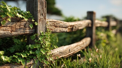 Fototapeta premium An aged wooden fence post entwined with green ivy and surrounded by lush grass