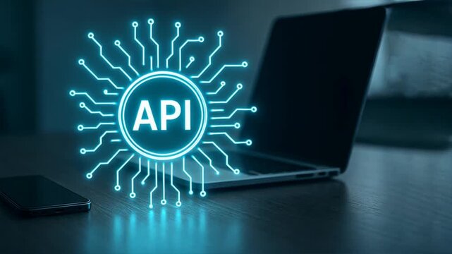 A sleek workspace with a glowing api icon and neon blue circuits highlights api programming and application programming interface