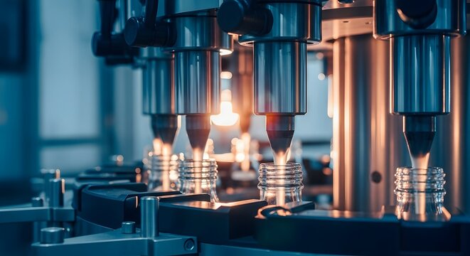 Industrial Filling Machine Dispensing Liquid Into Glass Bottles in Manufacturing Facility