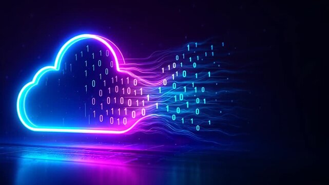 A neon cloud pulses with data flowing outward in blocks symbolizing api, the scene reflects application programming interface