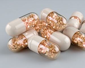 Probiotic Capsule Closeup Assorted capsules filled with luminous materials on a soft grey background. Probiotic Capsule Closeup Probiotic Pill