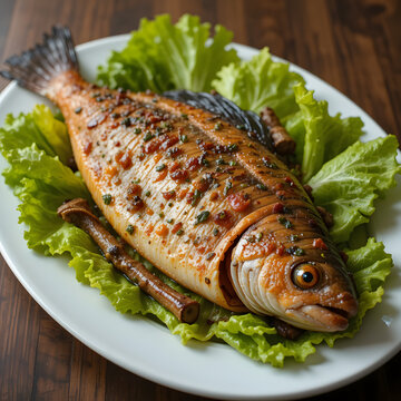 Roasted Whole Fish Plated with Crisp Lettuce Ideal for Seafood