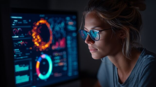 Woman wearing glasses studies complex data charts on a computer screen with glowing colorful graphics