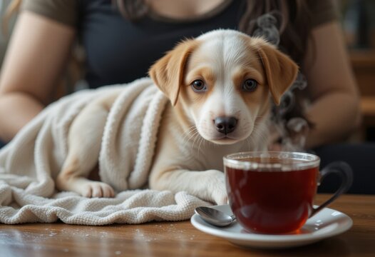 Cachorro envuelto en una toalla despu&eacute;s del ba&ntilde;o, descansando en el regazo de su due&ntilde;o, con vapor saliendo de una taza de t&eacute; sobre la mesa