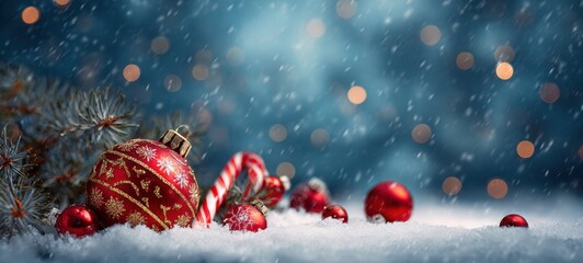 The festive Christmas ornaments surrounded by snow and a serene winter landscape.