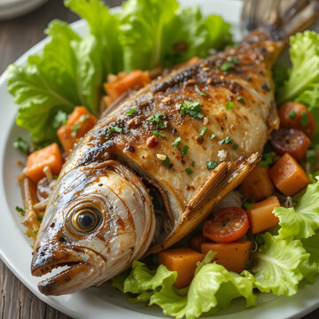 Roasted Whole Fish with Crisp Lettuce vegetable Ideal for Seafood