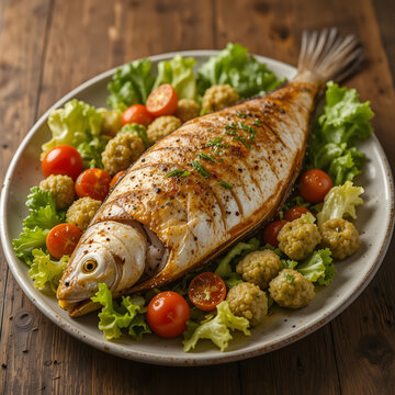 Roasted Whole Fish with Crisp Lettuce vegetables Ideal for Seafood