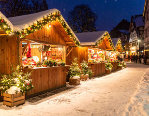 Obraz premium Traditional German Christmas Market at Night with Snow and Lights