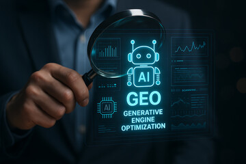 GEO &ndash; Generative Engine Optimization concept with businessmen using agentic AI and digital assistants to boost search engine rankings through artificial intelligence and internet data technology
