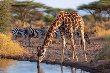 Fototapeta premium Giraffe Drinking Water At Watering Hole With Zebra In Background Wildlife Fast Nature