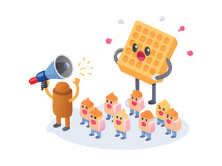 Fototapeta premium Vector art of cartoon character with megaphone addressing a crowd of happy people and a cheerful waffle character isolated on white background.