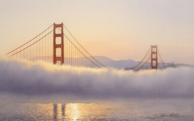Obraz premium Golden Gate Bridge Partially Shrouded in Fog with Calm Water Reflecting the Sunrise Sky San Francisco