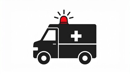 Fototapeta premium Emergency ambulance vehicle icon with a red siren and medical cross. A flat design symbol for medical transport and first aid services, isolated on a white background.