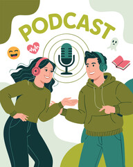 podcast illustration man and woman with mic and headphone