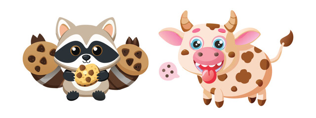 Obraz premium Vector art of cute cartoon raccoon holding a cookie and a happy cartoon cow with cookies isolated on white background.
