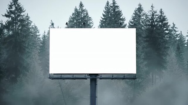 Blank White Billboard Against Foggy Pine Forest Backdrop Perfect for Ads with Natural Hues and Clear Visibility Ideal for Promotions and Marketing Campaigns Emphasizing Atmospheric Conditions and