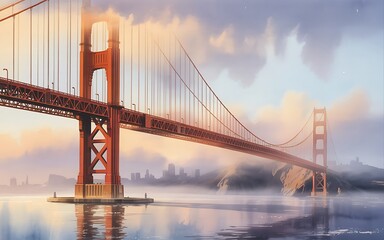 Fototapeta premium Golden Gate Bridge partially hidden by ethereal fog with a distant city skyline and calm water San Francisco