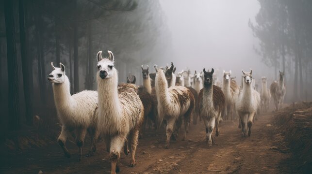 Herd of llamas moving together through a foggy high-altitude forest