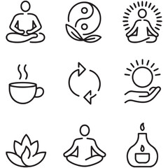 A yoga icons set with various silhouettes, illustrations, and designs of people and animals in different poses, including a cat