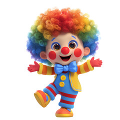 Obraz premium 3D Colorful Cartoon Clown Kid with Rainbow Hair, Happy Circus Character, Transparent Background