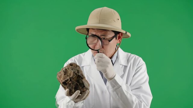 Male Scientist Explorer in Pith Helmet Carefully Examines a Rock Fossil with a Magnifying Glass