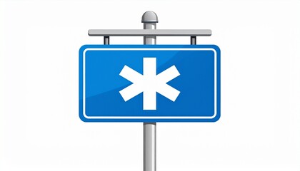 Obraz premium Blue information sign with a white asterisk symbol representing a medical alert or emergency service, isolated on a white background.