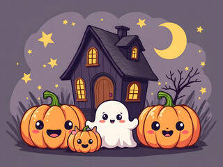 Cute Halloween Scene with Ghost, Cat, and Pumpkins