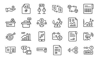 Finance and Banking Line Icons 24 Vector Icons for GDP, Payment Analysis, Transactions, Charts, Mobile Banking and Financial Risk Management UI Design