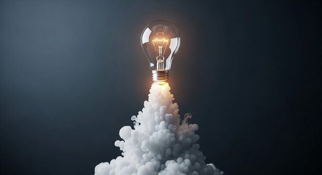 Glowing lightbulb launching from white smoke cloud against dark background, symbolizing new idea, innovation, and breakthrough